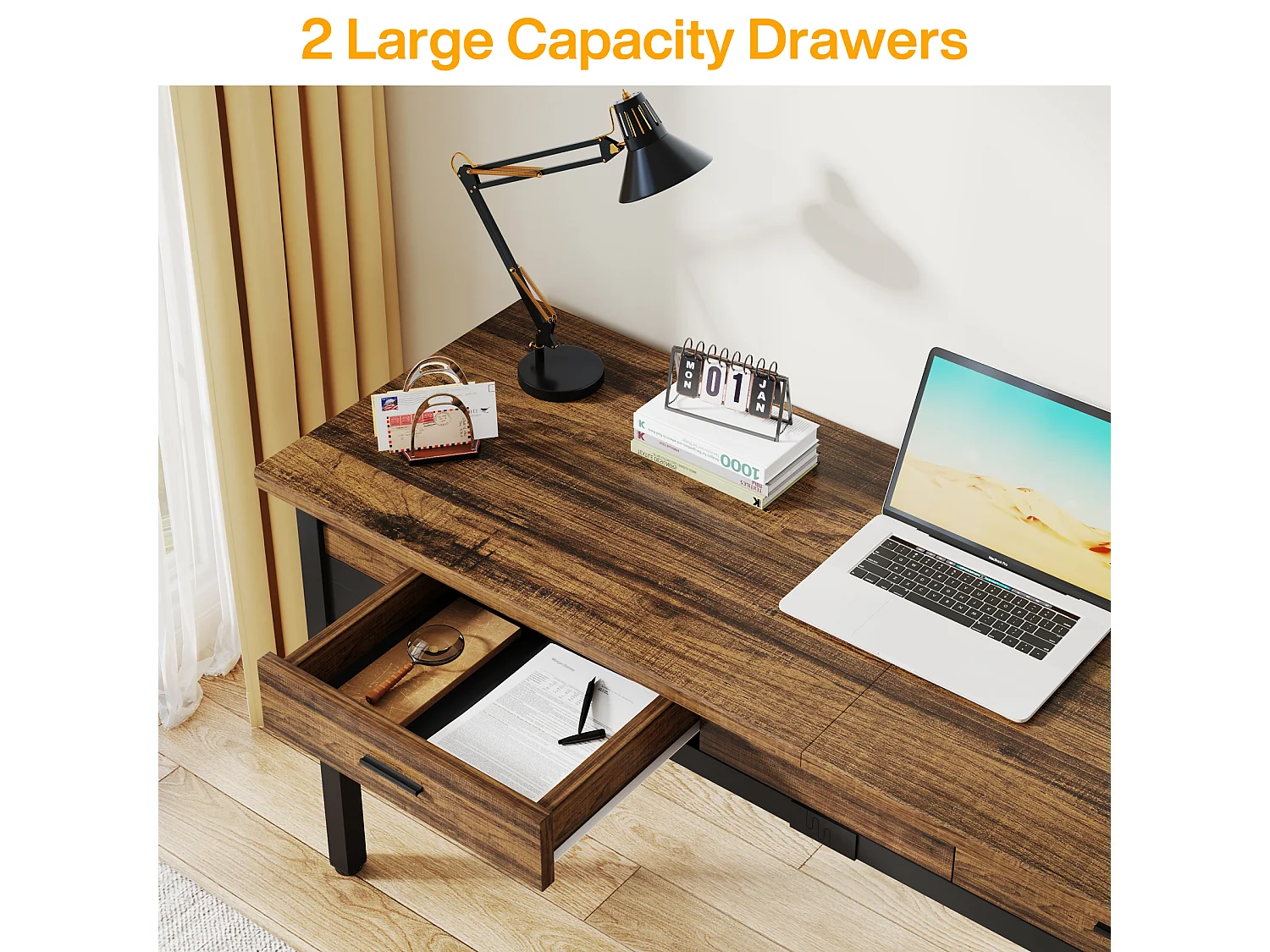 Computerbureau, studeertafel, dubbel lang bureau met 2 schubladen, 200 x 60 x 82 cm, rustiek bruin