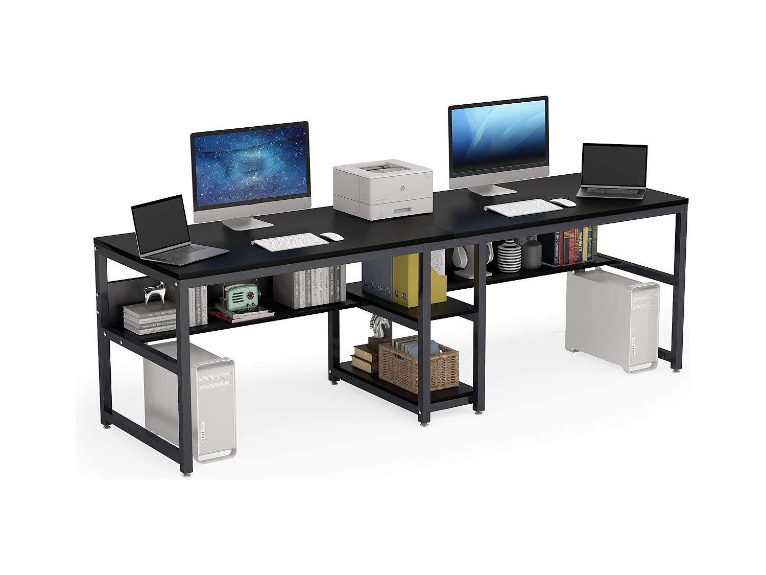 Bureau double pour deux personnes avec bibliothèque, bureau d'ordinateur double pour deux personnes, noir