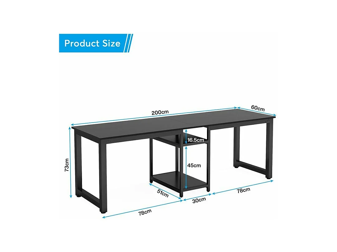 Bureau double pour deux personnes avec bibliothèque, bureau d'ordinateur double pour deux personnes, noir