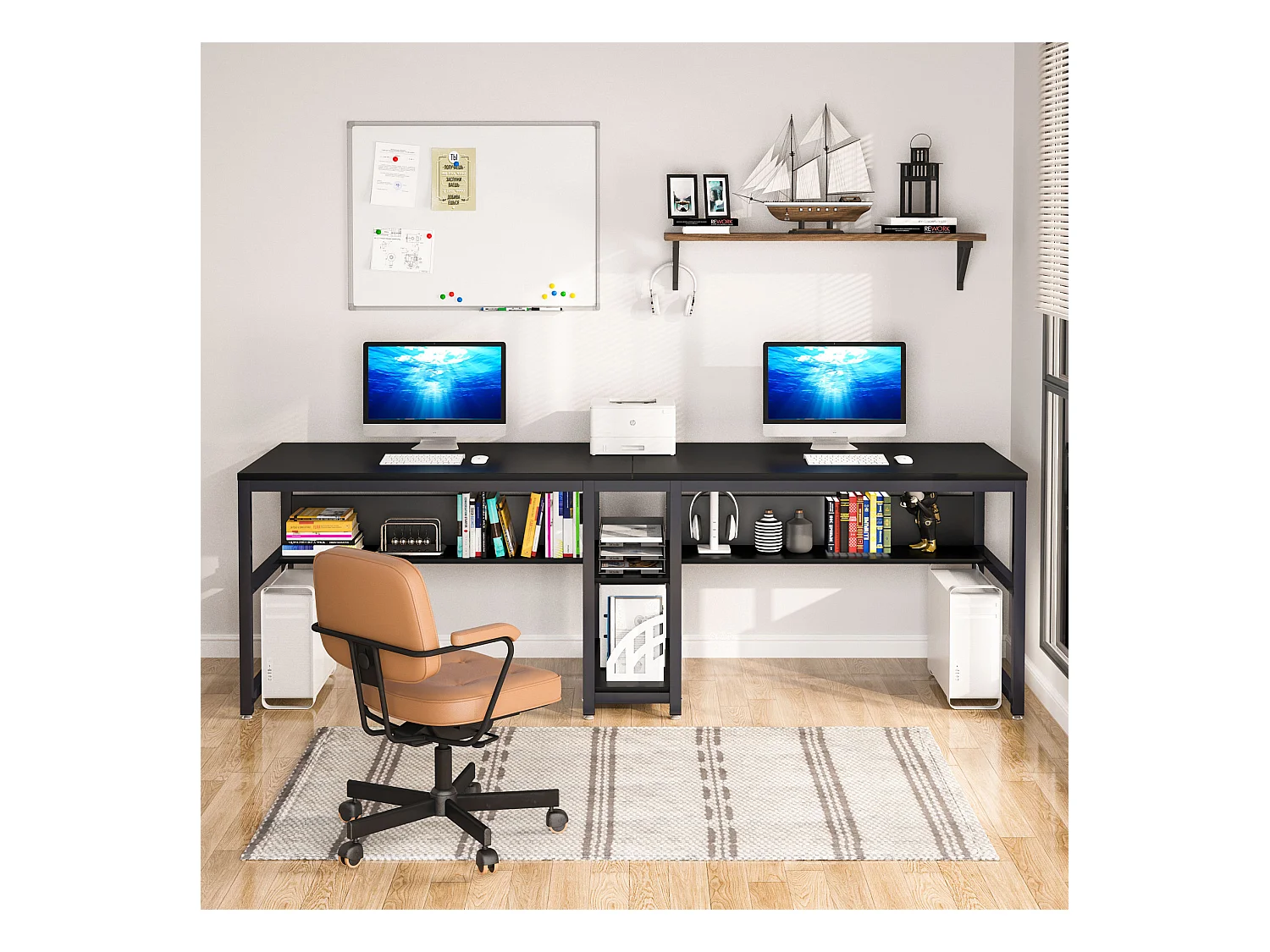 Bureau double pour deux personnes avec bibliothèque, bureau d'ordinateur double pour deux personnes, noir