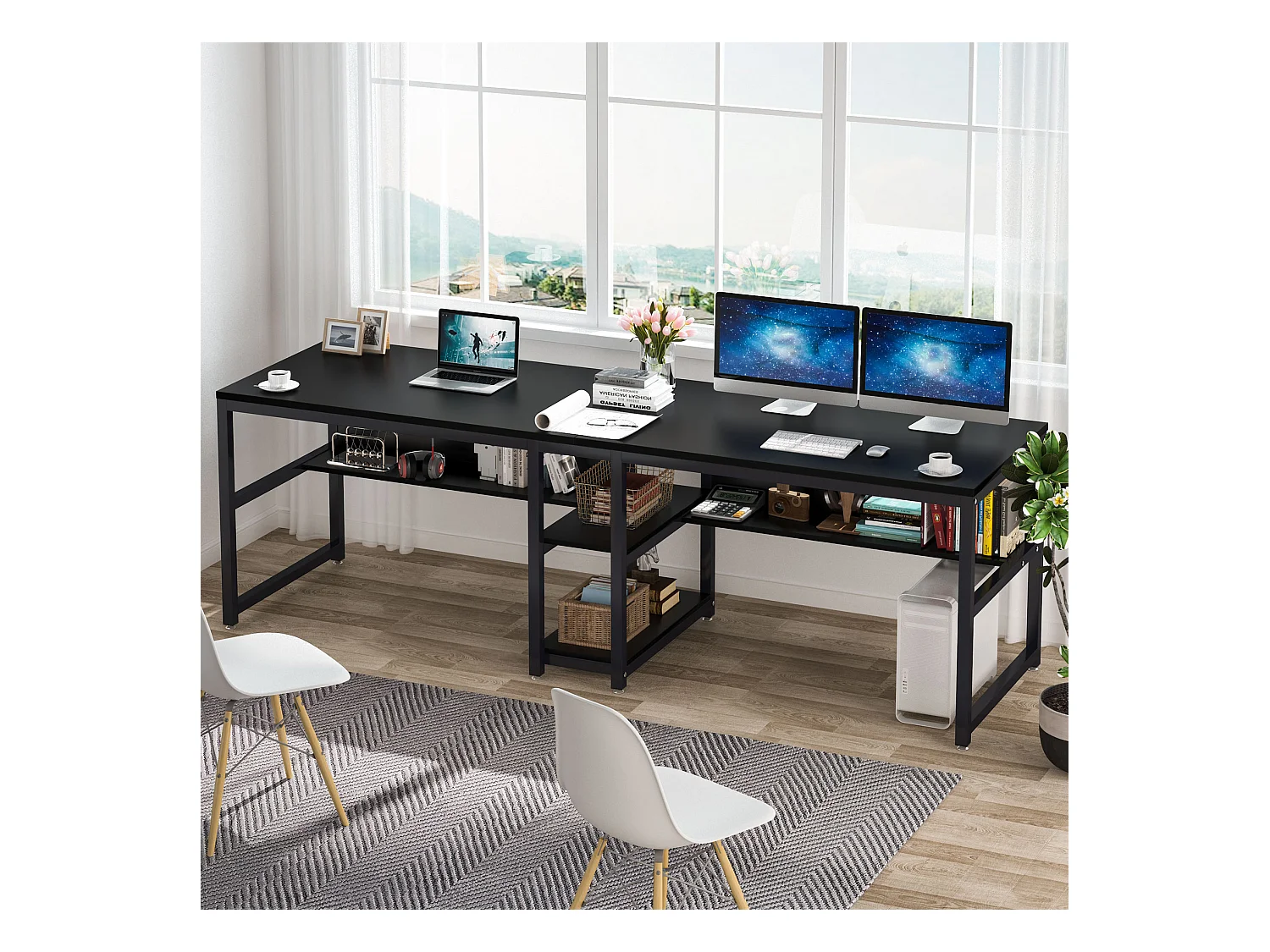 Bureau double pour deux personnes avec bibliothèque, bureau d'ordinateur double pour deux personnes, noir