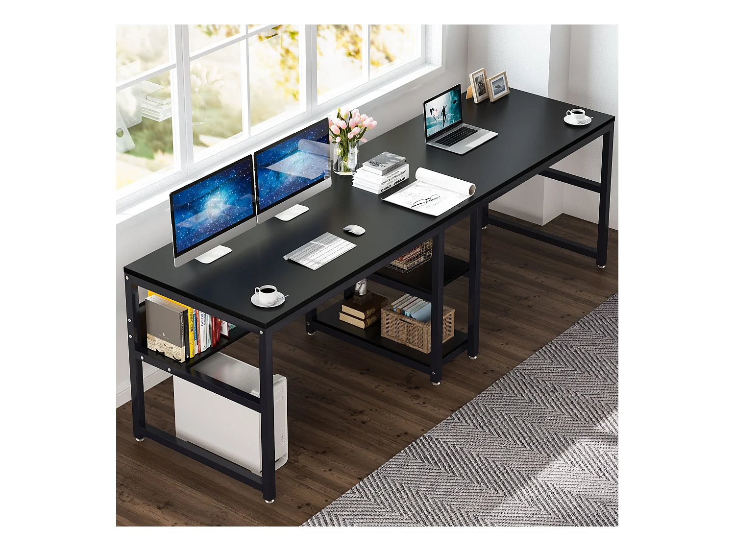 Bureau double pour deux personnes avec bibliothèque, bureau d'ordinateur double pour deux personnes, noir