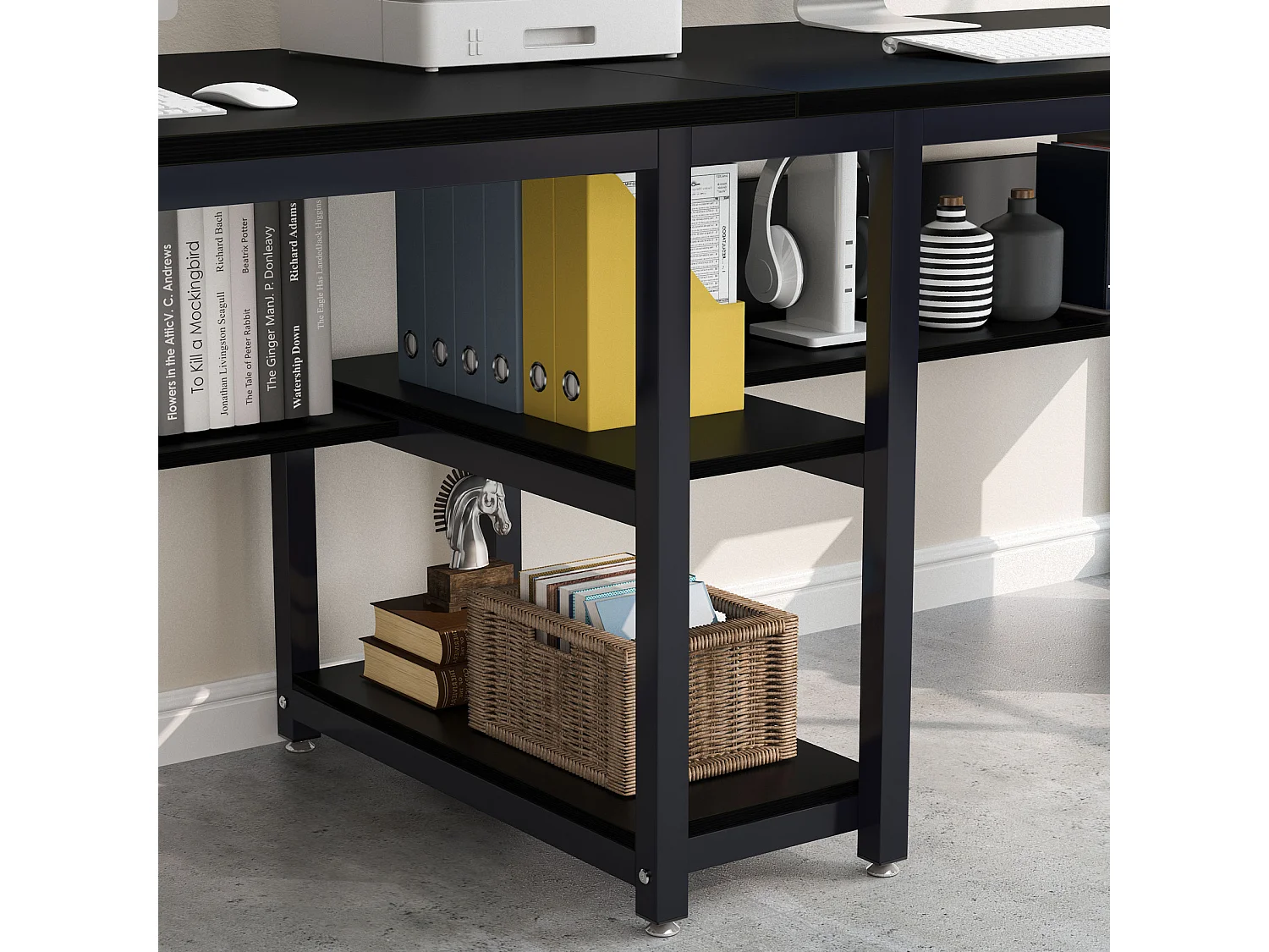 Bureau double pour deux personnes avec bibliothèque, bureau d'ordinateur double pour deux personnes, noir