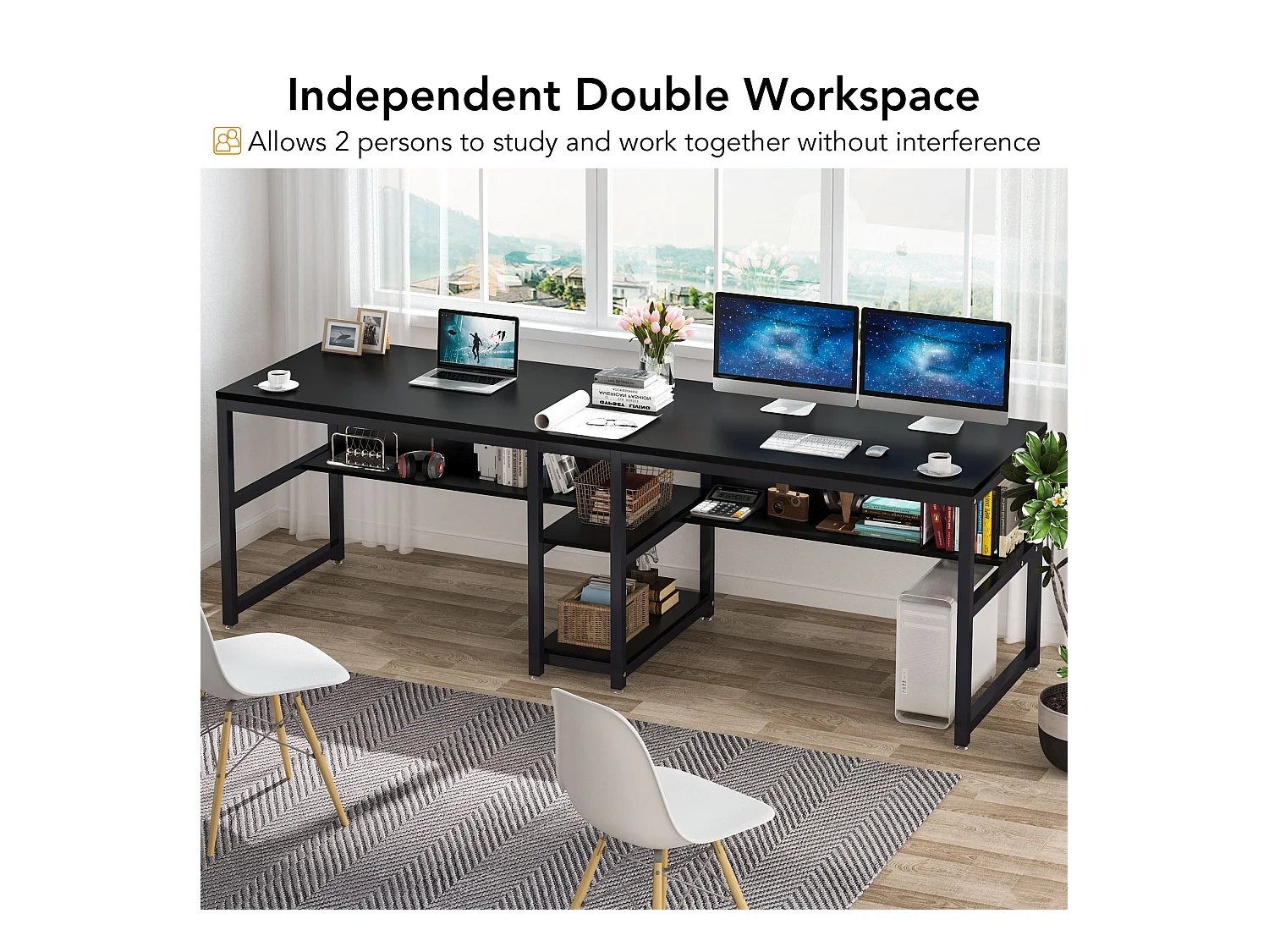 Bureau double pour deux personnes avec bibliothèque, bureau d'ordinateur double pour deux personnes, noir