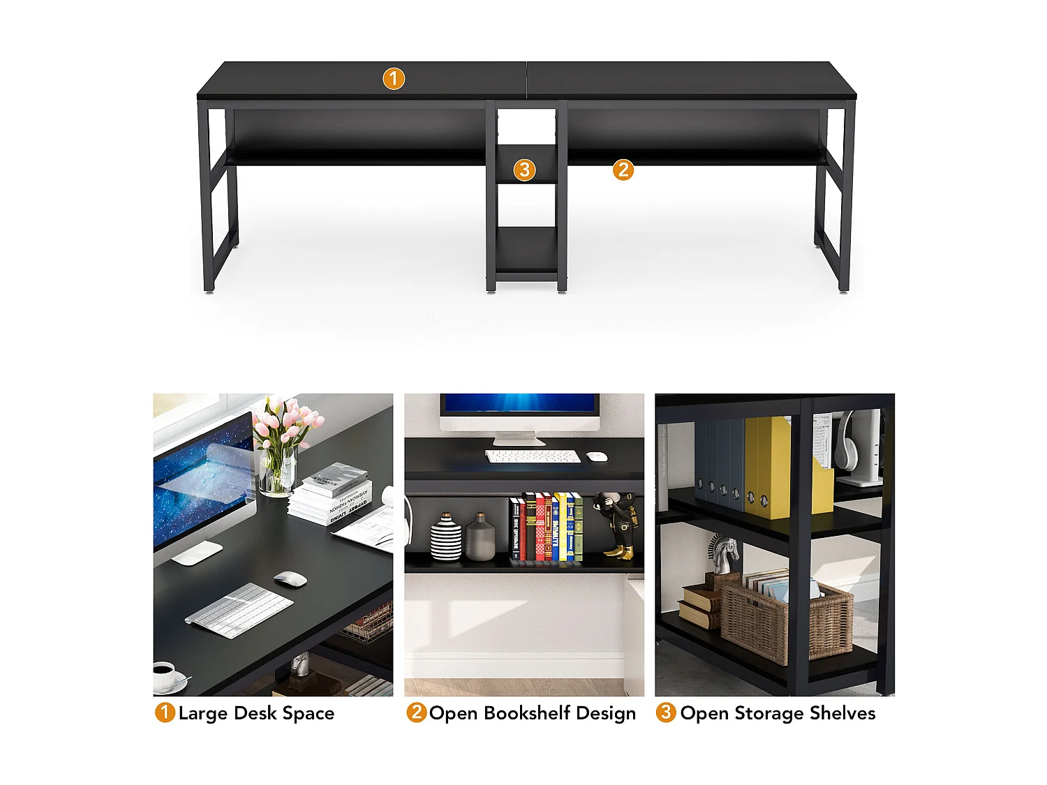 Bureau double pour deux personnes avec bibliothèque, bureau d'ordinateur double pour deux personnes, noir