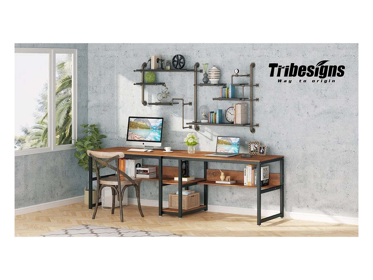 Doppelbüro für zwei Personen mit Bibliothek, Doppelcomputerarbeitsplatz für zwei Personen, schwarz