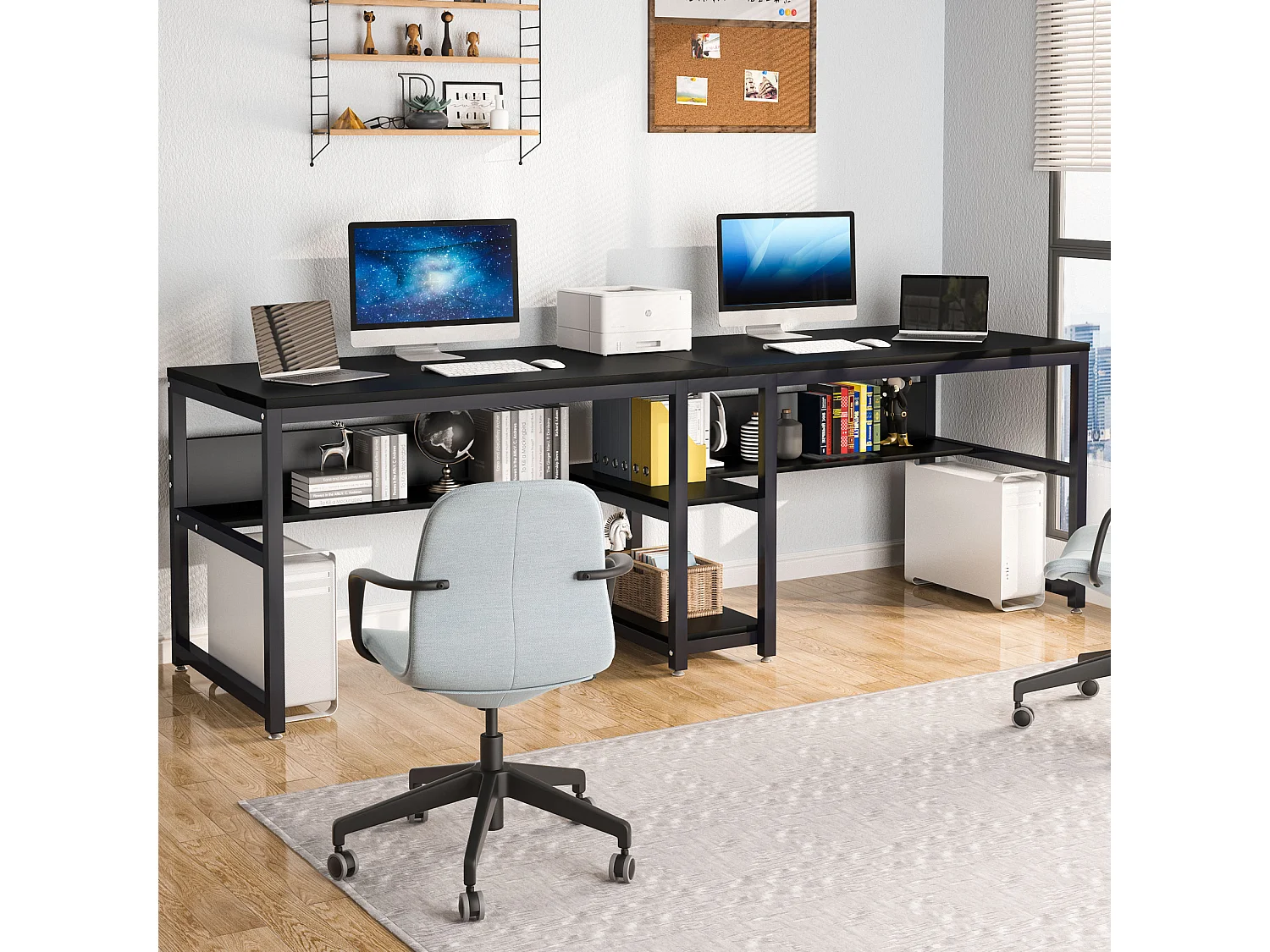 Bureau double pour deux personnes avec bibliothèque, bureau d'ordinateur double pour deux personnes, noir