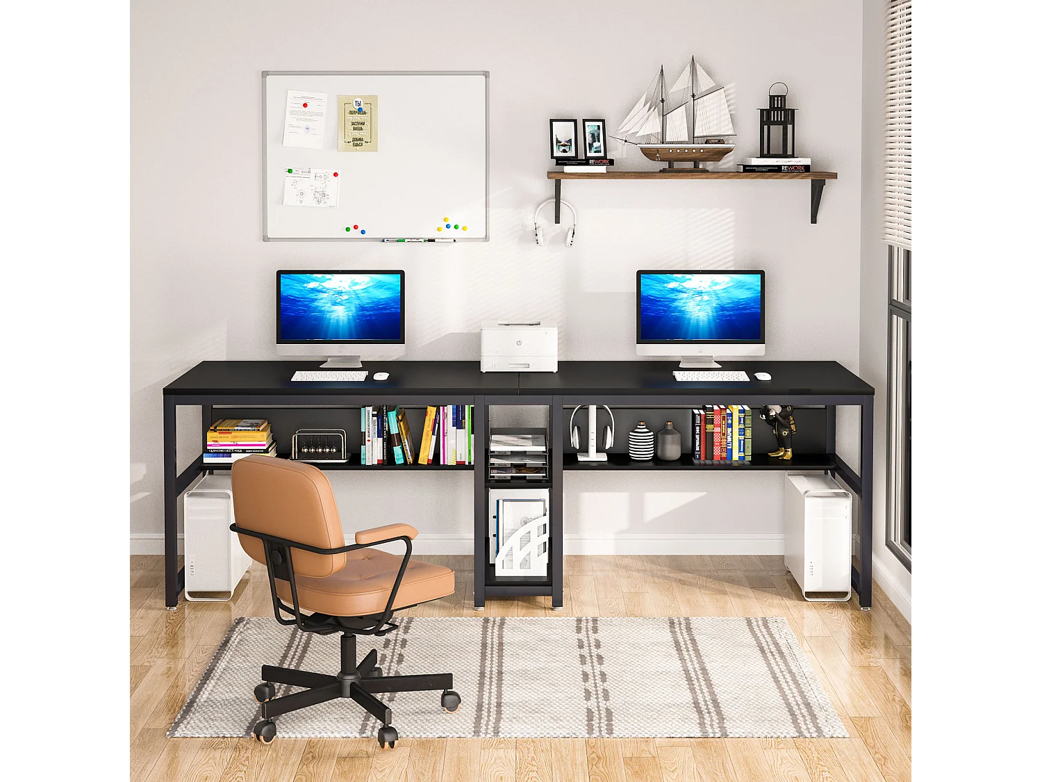 Bureau double pour deux personnes avec bibliothèque, bureau d'ordinateur double pour deux personnes, noir