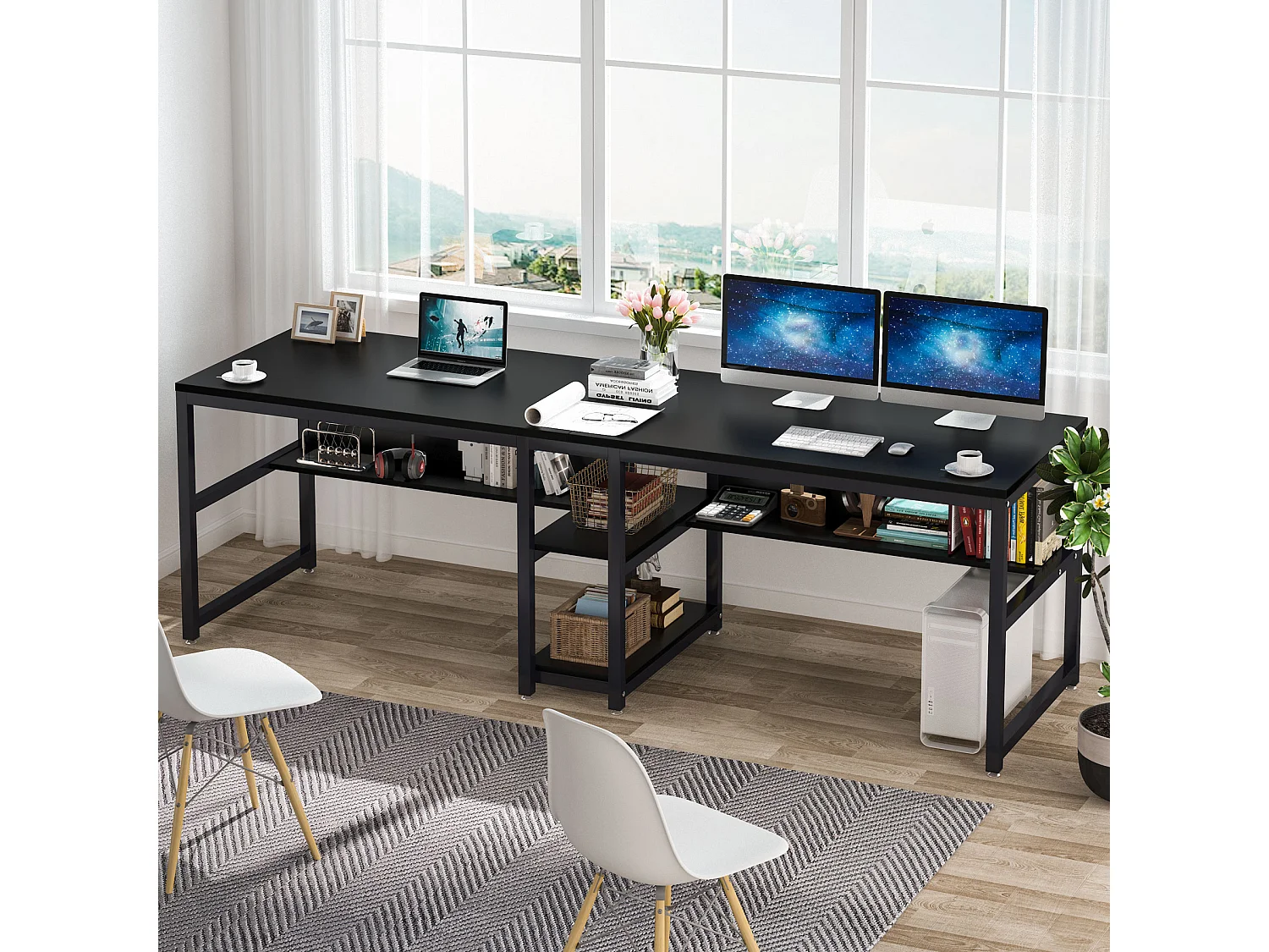 Bureau double pour deux personnes avec bibliothèque, bureau d'ordinateur double pour deux personnes, noir