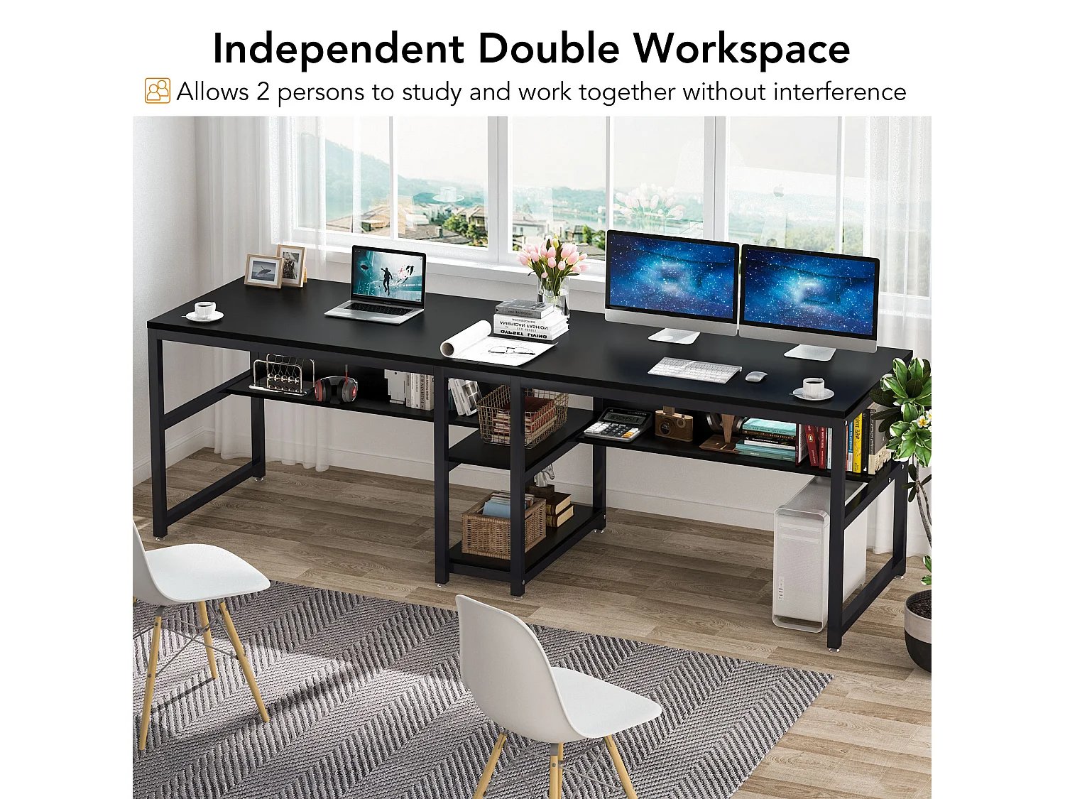 Bureau double pour deux personnes avec bibliothèque, bureau d'ordinateur double pour deux personnes, noir