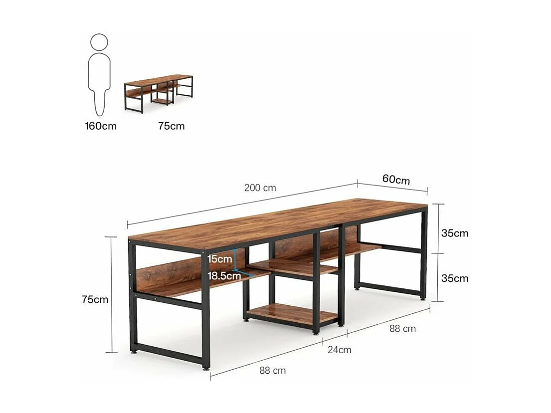 Dubbel computerbureau van 200 cm voor twee personen, rustiek bureau met plank voor rustiek thuiskantoor