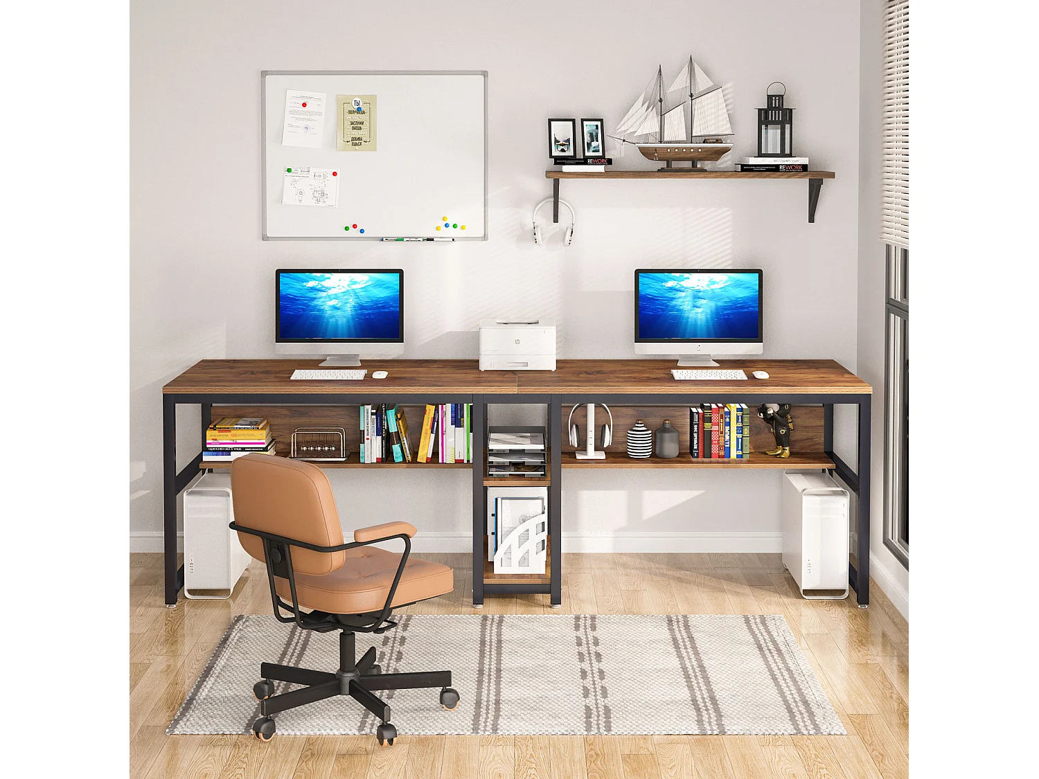 Dubbel computerbureau van 200 cm voor twee personen, rustiek bureau met plank voor rustiek thuiskantoor