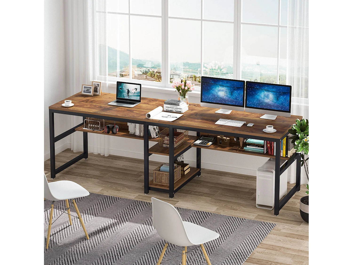 Dubbel computerbureau van 200 cm voor twee personen, rustiek bureau met plank voor rustiek thuiskantoor