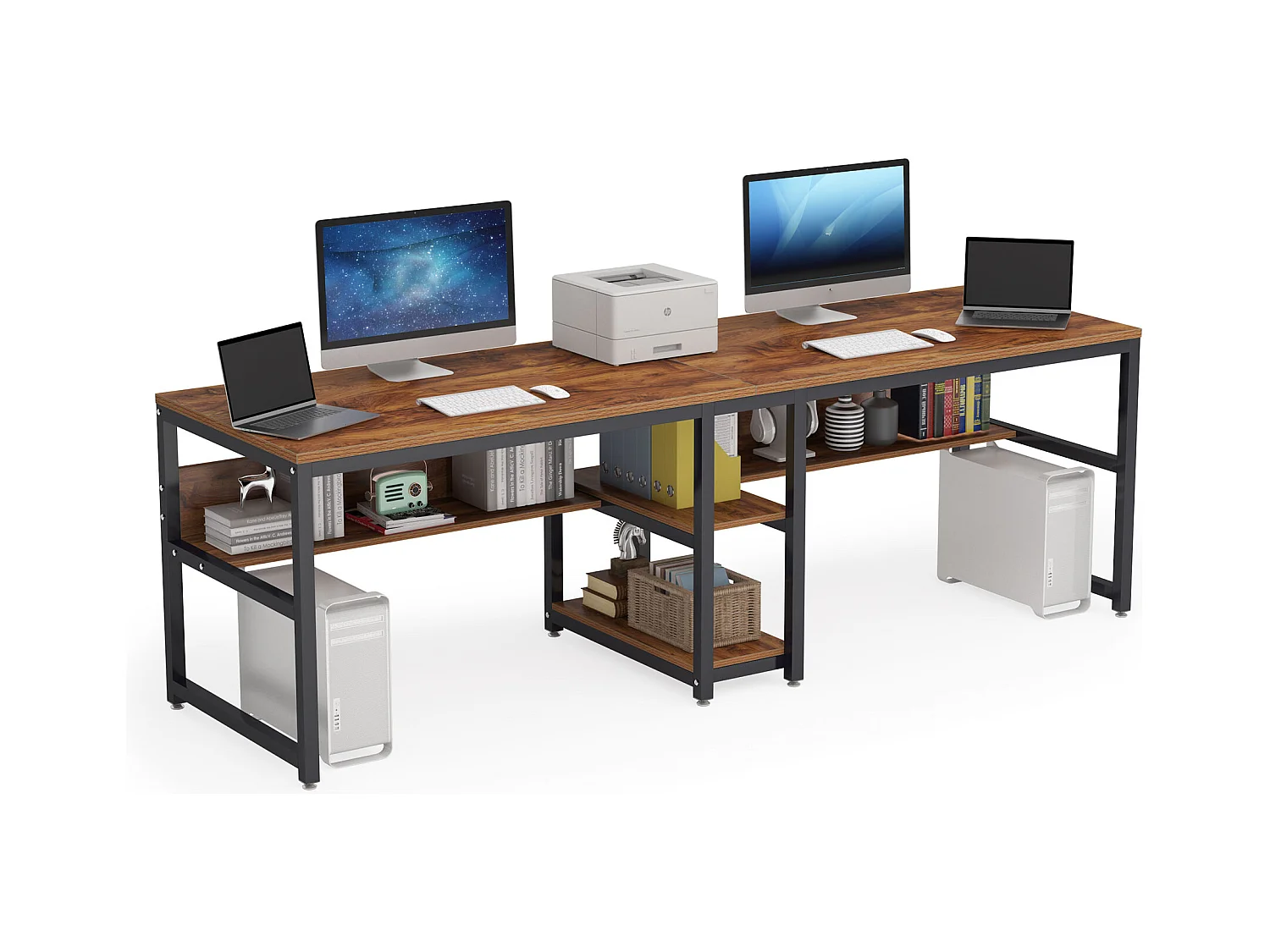 200 cm Bureau d'Ordinateur Double pour Deux Personnes, Bureau d'écriture Rustique avec étagère pour Le Bureau à Domicile Rustique