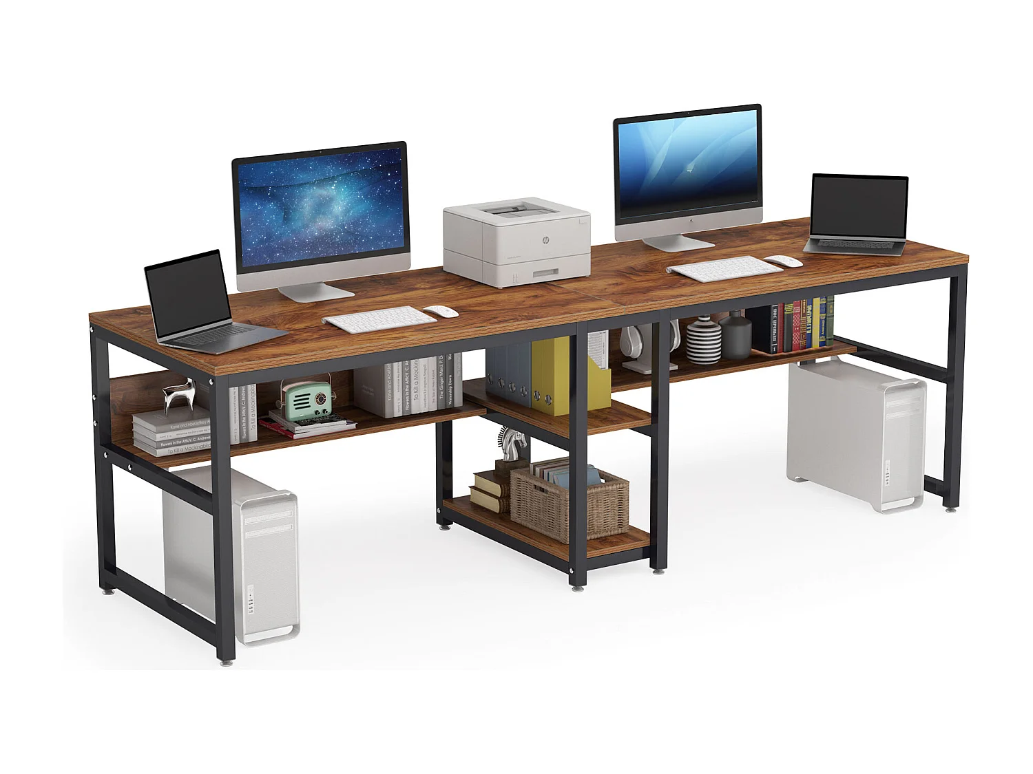 200 cm Bureau d'Ordinateur Double pour Deux Personnes, Bureau d'écriture Rustique avec étagère pour Le Bureau à Domicile Rustique