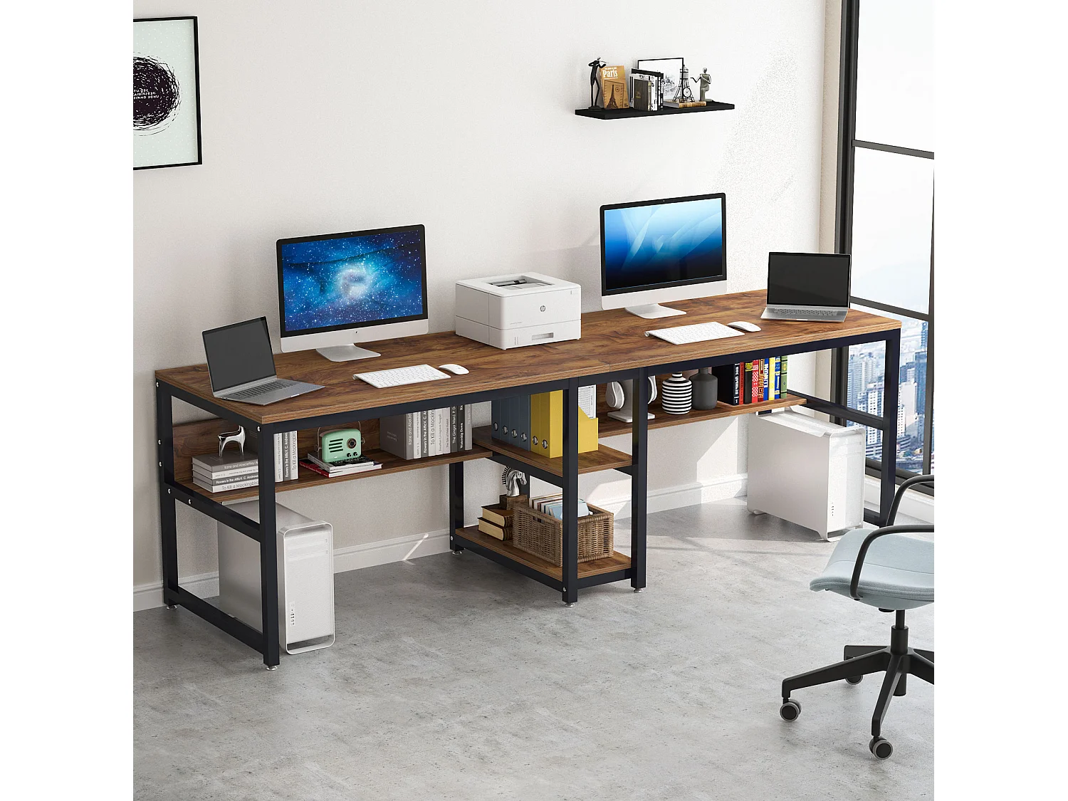 200 cm Bureau d'Ordinateur Double pour Deux Personnes, Bureau d'écriture Rustique avec étagère pour Le Bureau à Domicile Rustique