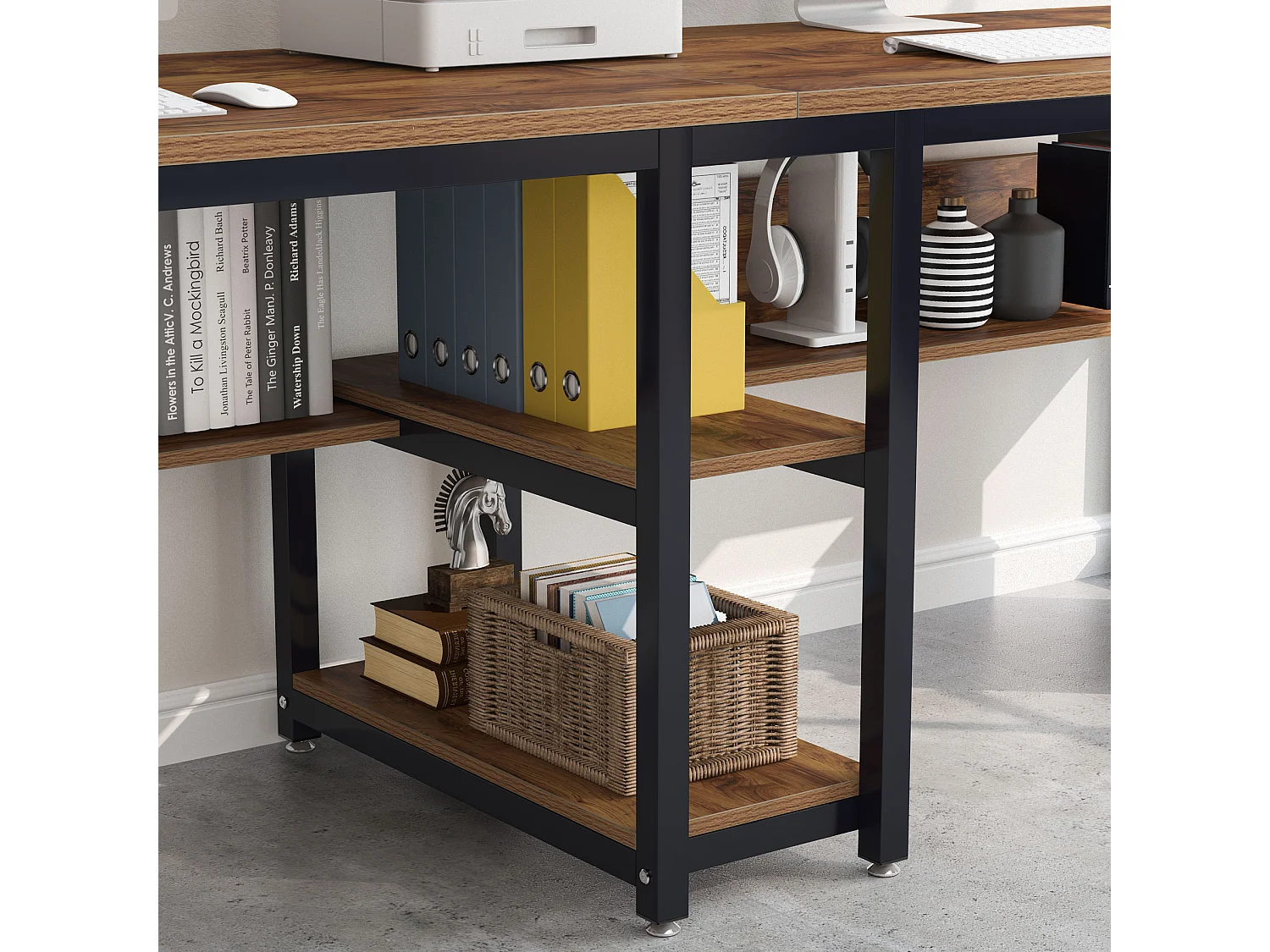 200 cm Bureau d'Ordinateur Double pour Deux Personnes, Bureau d'écriture Rustique avec étagère pour Le Bureau à Domicile Rustique