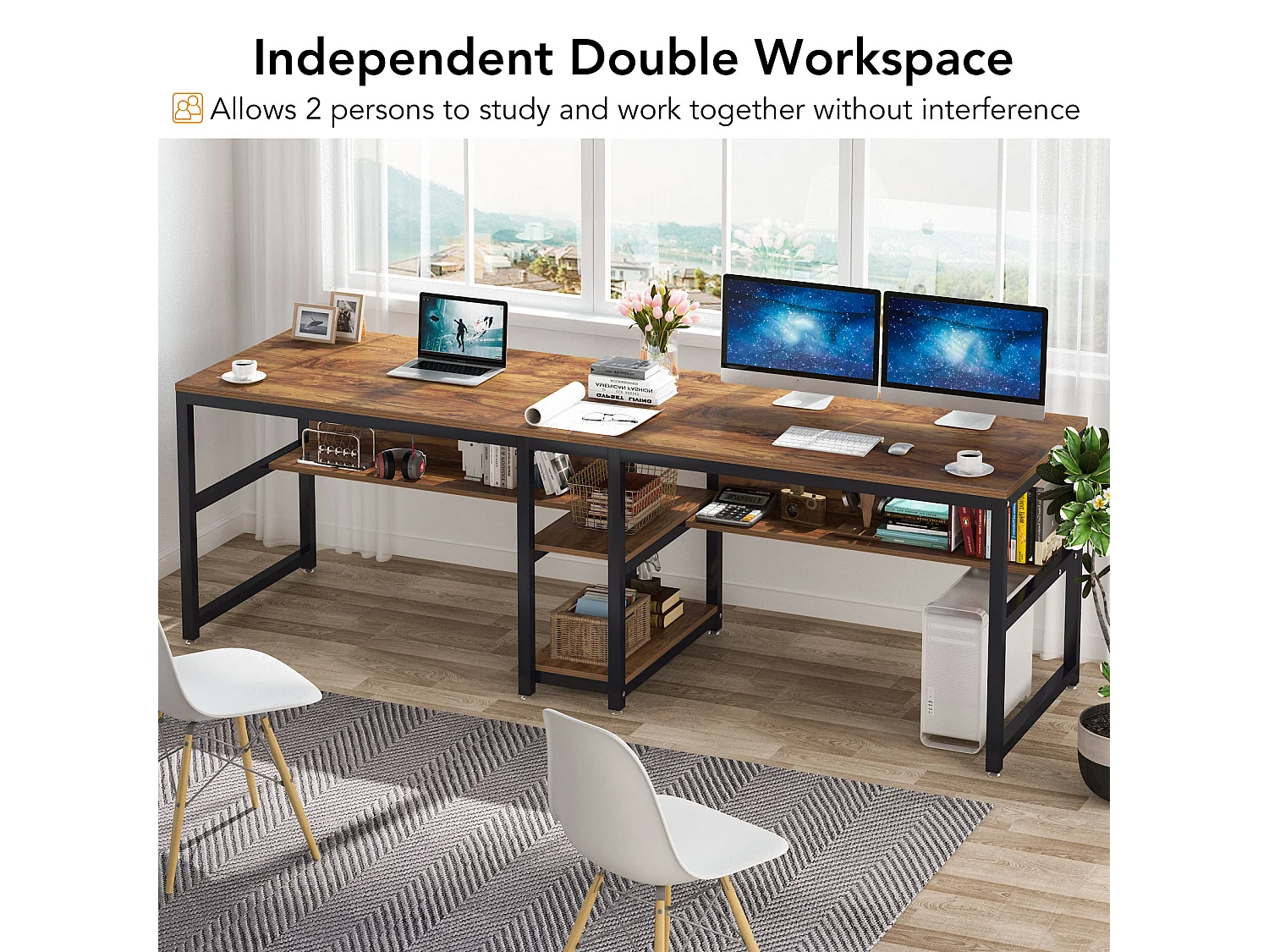 200 cm Bureau d'Ordinateur Double pour Deux Personnes, Bureau d'écriture Rustique avec étagère pour Le Bureau à Domicile Rustique