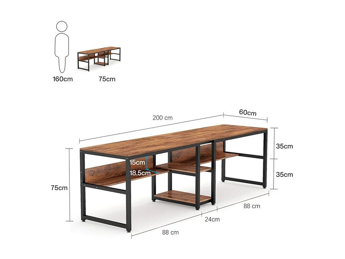 200 cm Bureau d'Ordinateur Double pour Deux Personnes, Bureau d'écriture Rustique avec étagère pour Le Bureau à Domicile Rustique