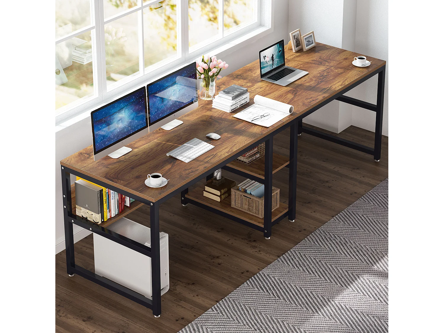 200 cm Bureau d'Ordinateur Double pour Deux Personnes, Bureau d'écriture Rustique avec étagère pour Le Bureau à Domicile Rustique