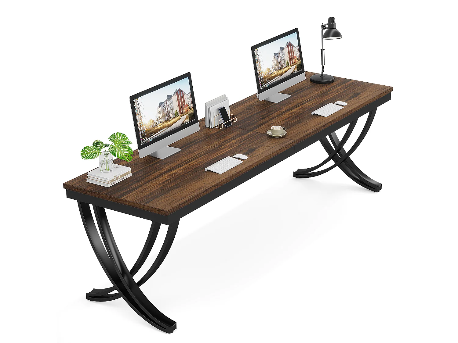 Bureau Informatique, Table d'ordinateur Portable, Double Bureau Long pour Chambre de Bureau à Domicile, 200 x 70 x 75 cm, Marron Rustique