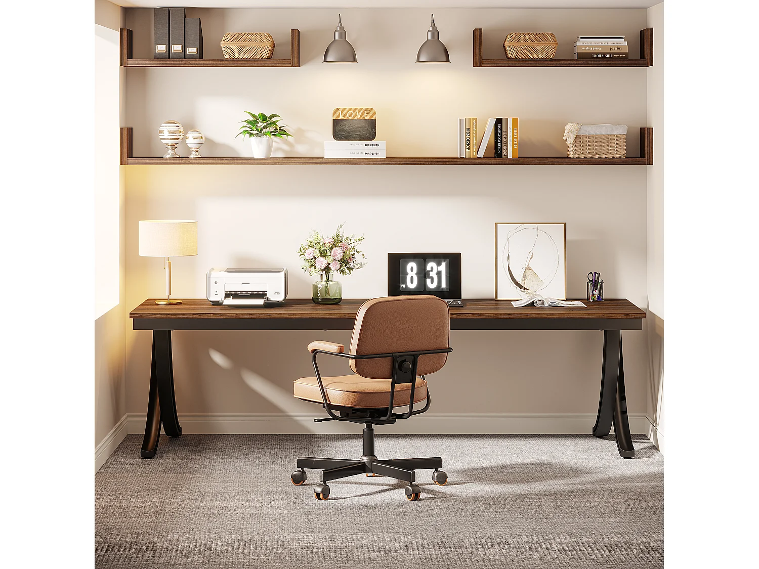 Bureau Informatique, Table d'ordinateur Portable, Double Bureau Long pour Chambre de Bureau à Domicile, 200 x 70 x 75 cm, Marron Rustique