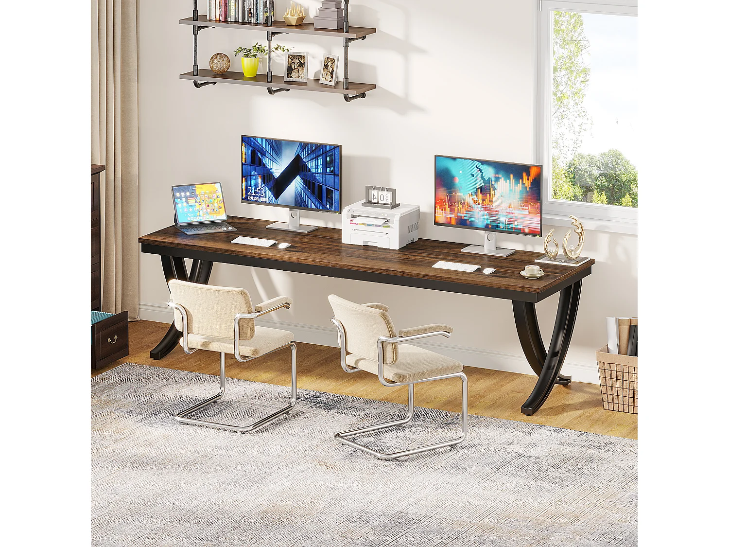 Bureau Informatique, Table d'ordinateur Portable, Double Bureau Long pour Chambre de Bureau à Domicile, 200 x 70 x 75 cm, Marron Rustique