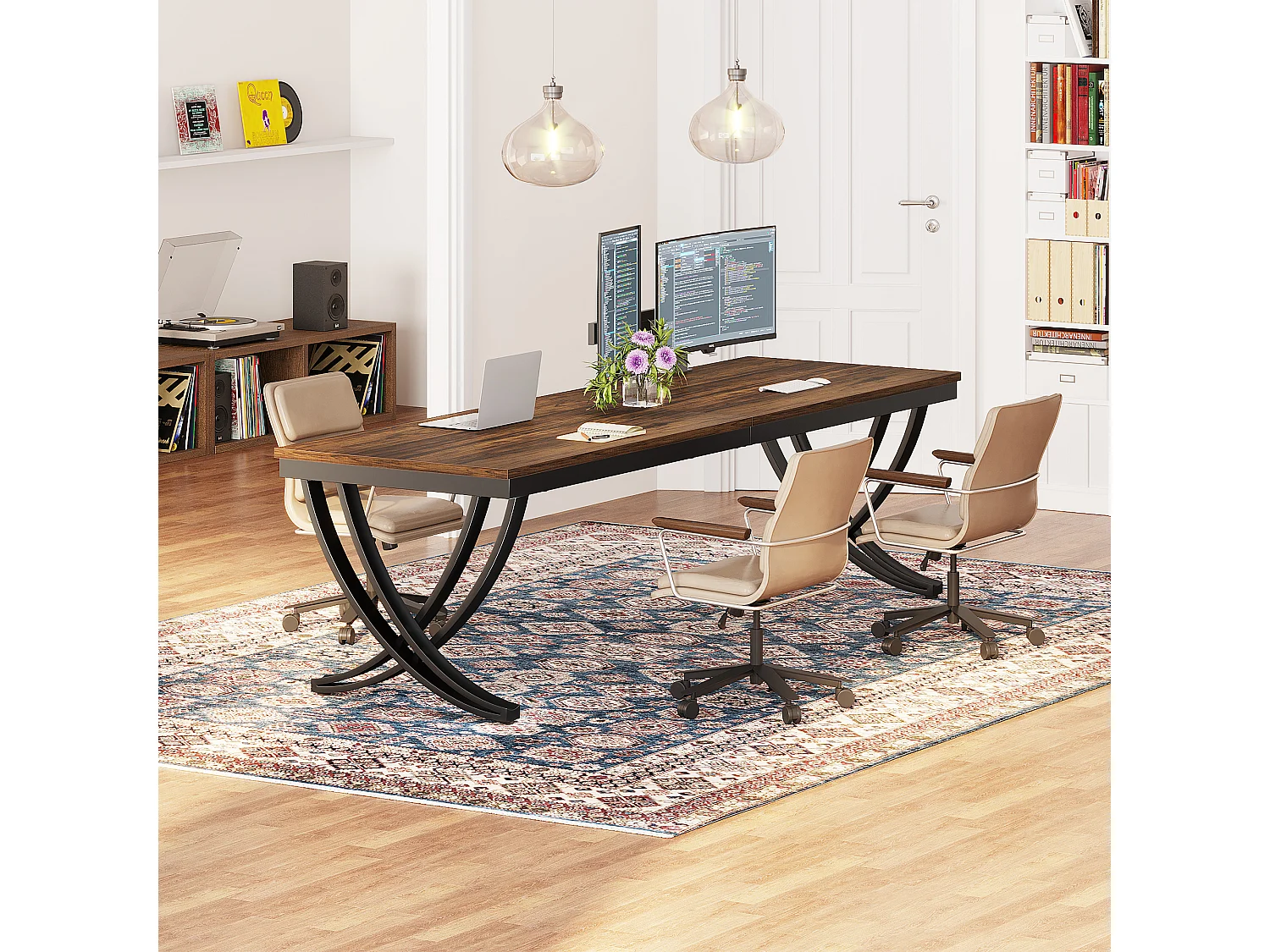 Bureau Informatique, Table d'ordinateur Portable, Double Bureau Long pour Chambre de Bureau à Domicile, 200 x 70 x 75 cm, Marron Rustique