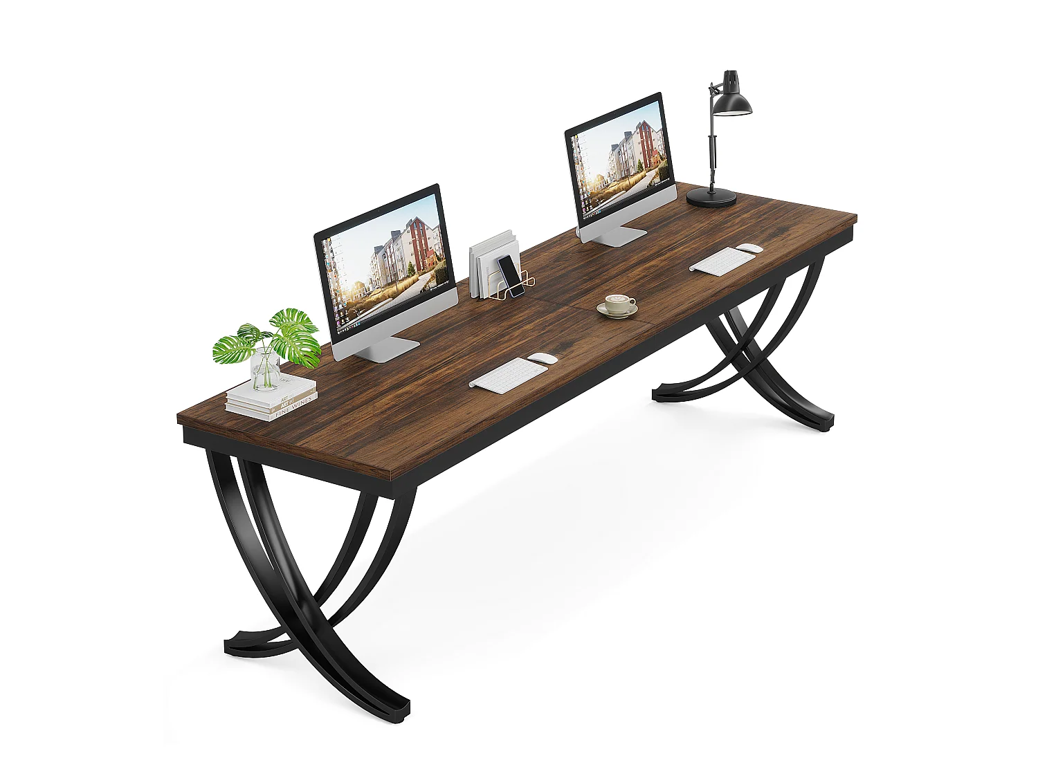 Bureau Informatique, Table d'ordinateur Portable, Double Bureau Long pour Chambre de Bureau à Domicile, 200 x 70 x 75 cm, Marron Rustique