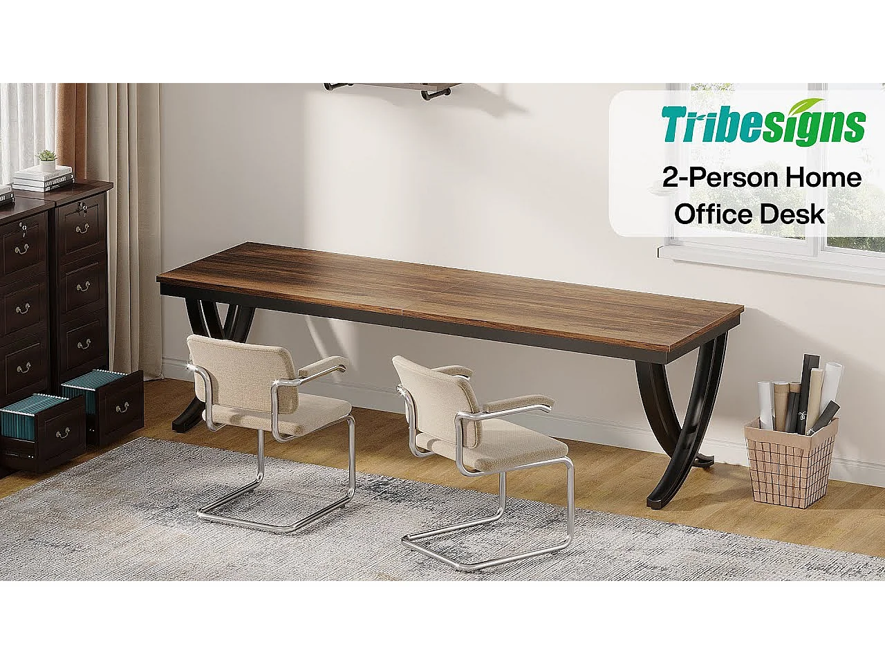 Bureau Informatique, Table d'ordinateur Portable, Double Bureau Long pour Chambre de Bureau à Domicile, 200 x 70 x 75 cm, Marron Rustique