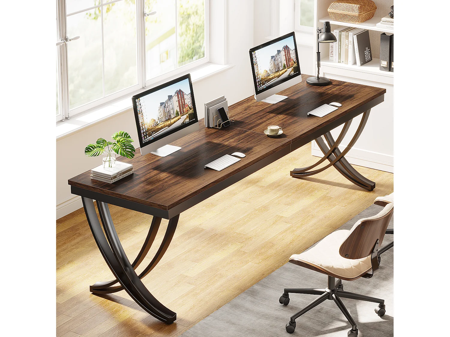 Bureau Informatique, Table d'ordinateur Portable, Double Bureau Long pour Chambre de Bureau à Domicile, 200 x 70 x 75 cm, Marron Rustique