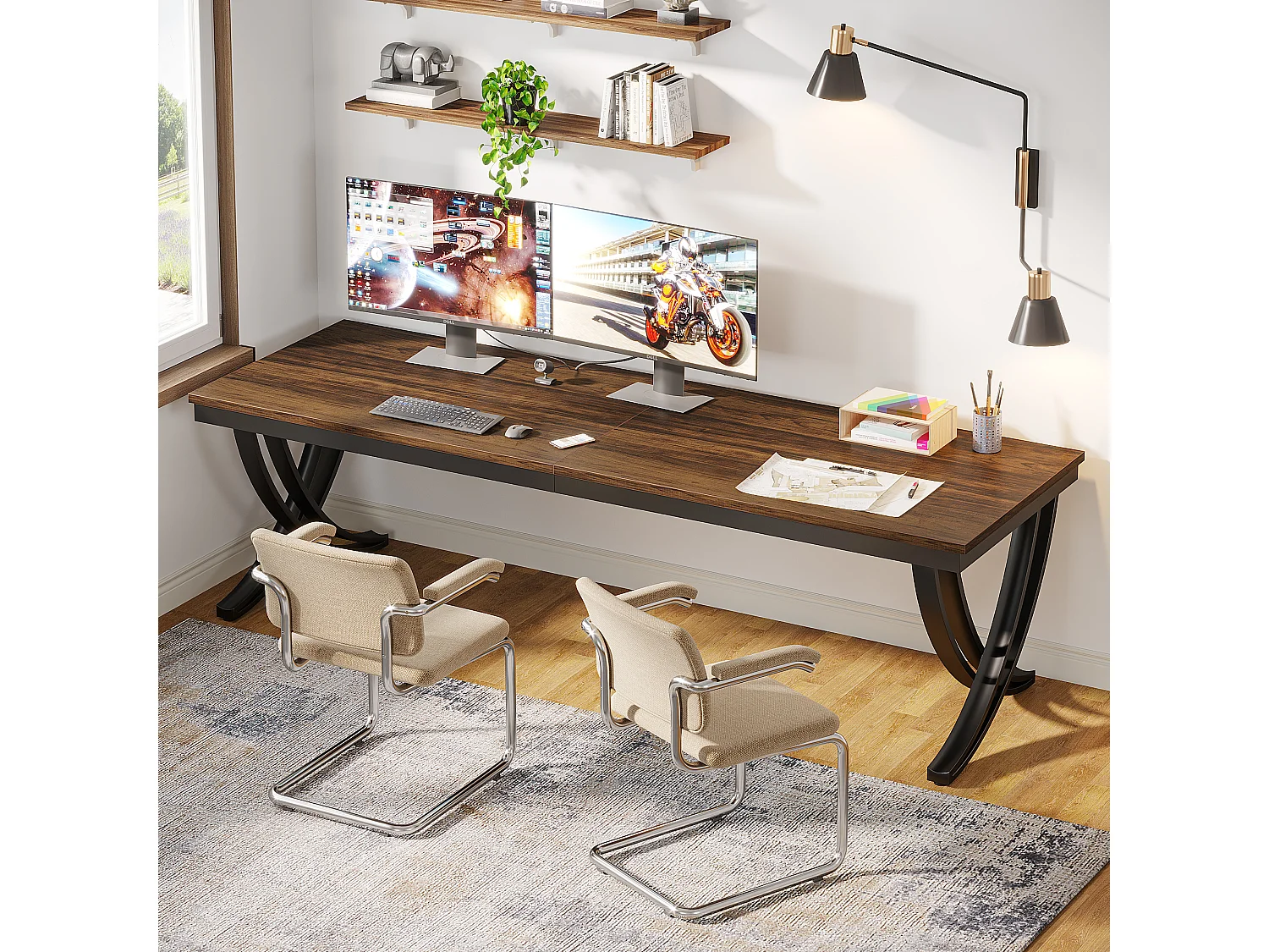 Bureau Informatique, Table d'ordinateur Portable, Double Bureau Long pour Chambre de Bureau à Domicile, 200 x 70 x 75 cm, Marron Rustique