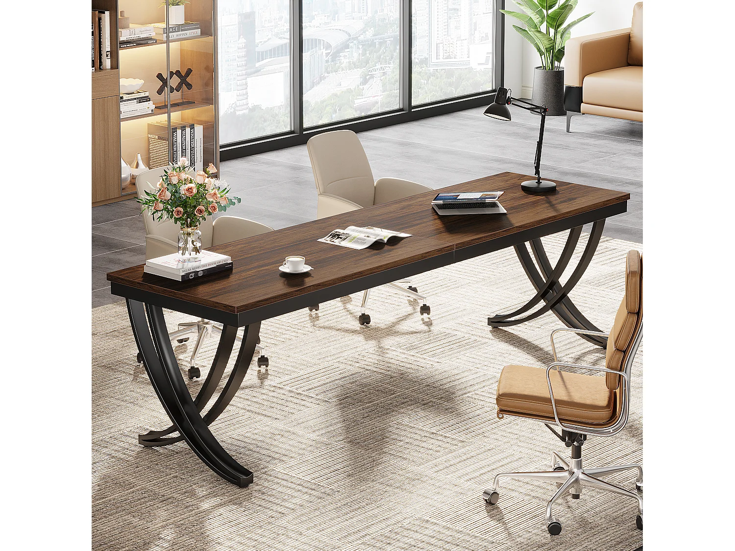 Bureau Informatique, Table d'ordinateur Portable, Double Bureau Long pour Chambre de Bureau à Domicile, 200 x 70 x 75 cm, Marron Rustique