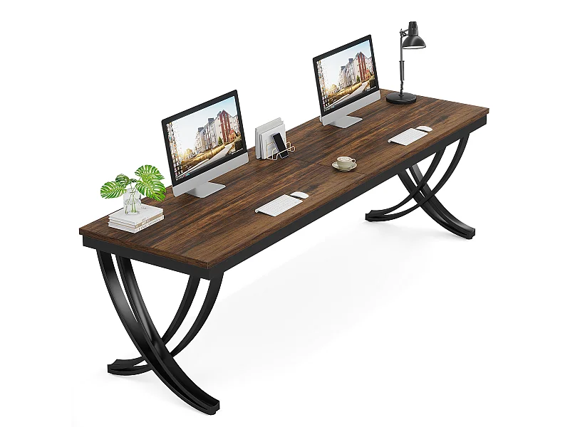 Bureau Informatique, Table d'ordinateur Portable, Double Bureau Long pour Chambre de Bureau à Domicile, 200 x 70 x 75 cm, Marron Rustique