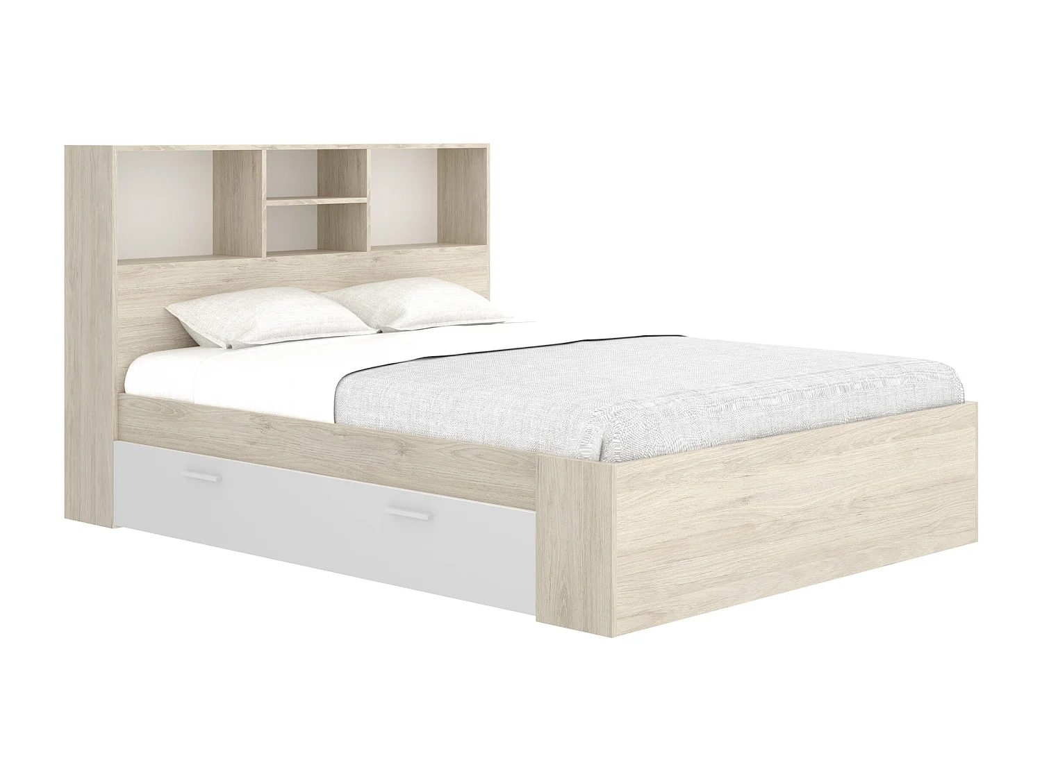Cama 140x190 cm com espaços de arrumação cor natural e branco + sommier - VARDIEL