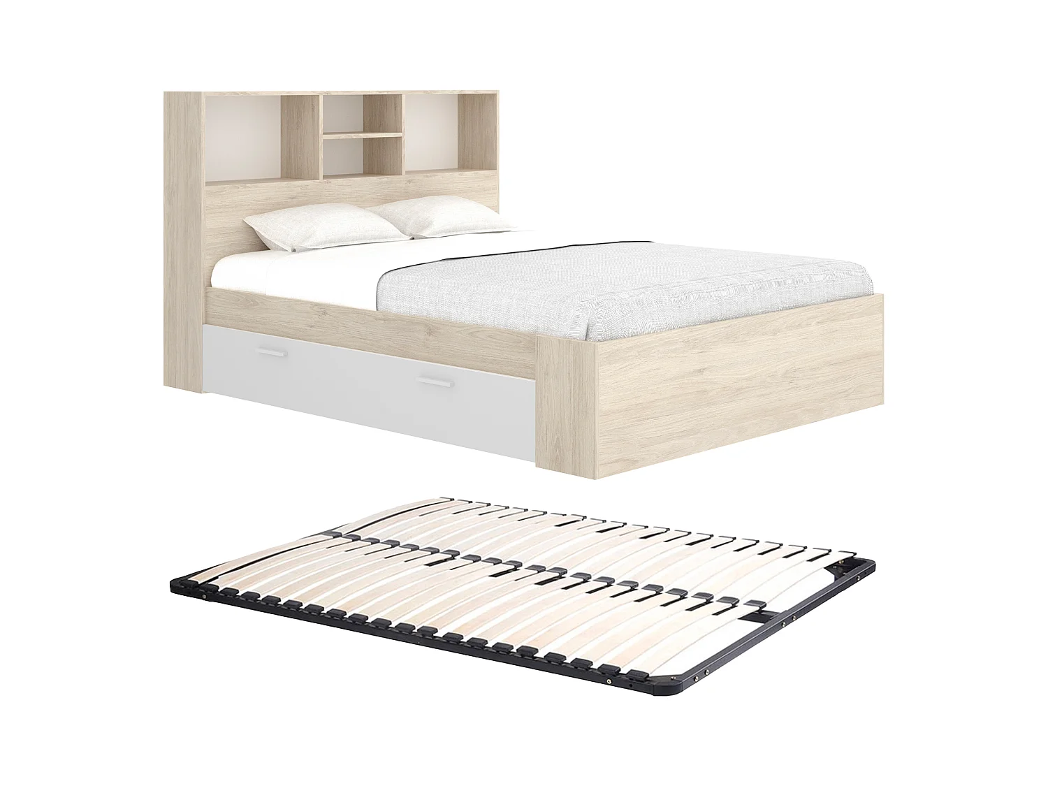 Bed met opbergruimte - 140 x 190 cm - Kleur: houtlook en wit + bedbodem - VARDIEL