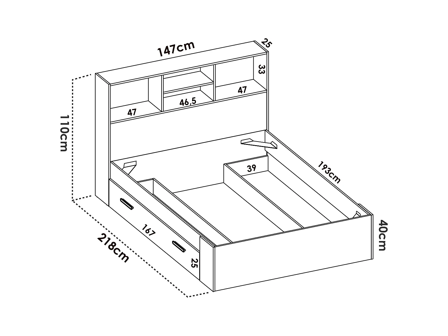 Bed met opbergruimte - 140 x 190 cm - Kleur: houtlook en wit + bedbodem - VARDIEL