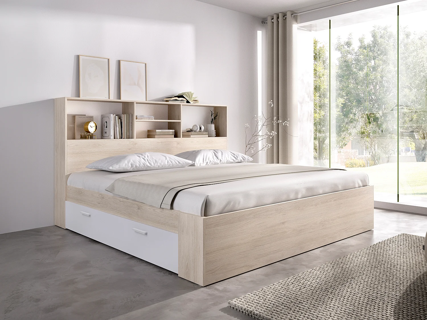 Bed met opbergruimte - 140 x 190 cm - Kleur: houtlook en wit + bedbodem - VARDIEL