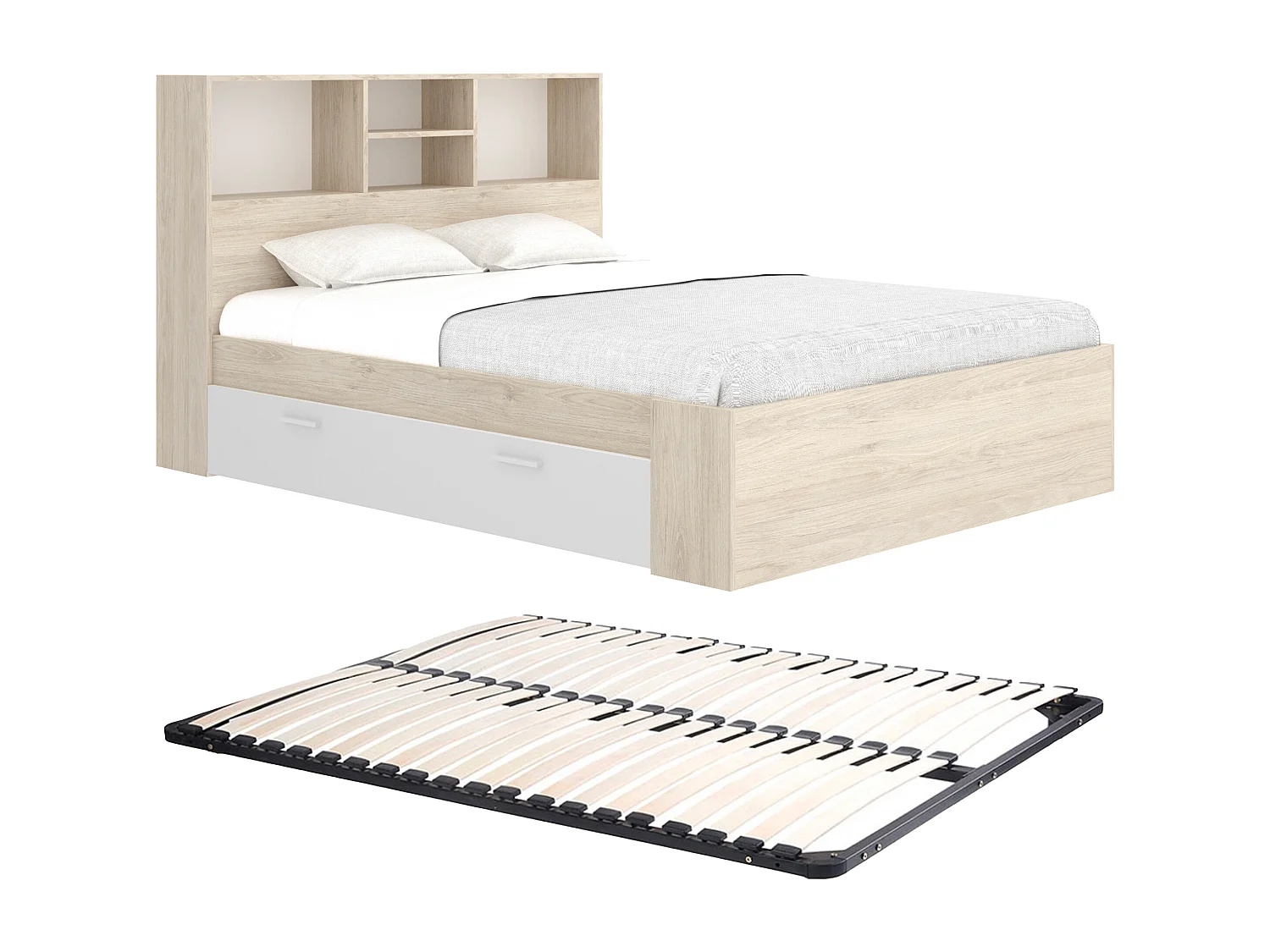 Bed met opbergruimte - 140 x 190 cm - Kleur: houtlook en wit + bedbodem - VARDIEL