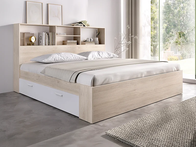 Lit 140 x 190 cm avec rangements - Coloris : Naturel et blanc + Sommier - VARDIEL