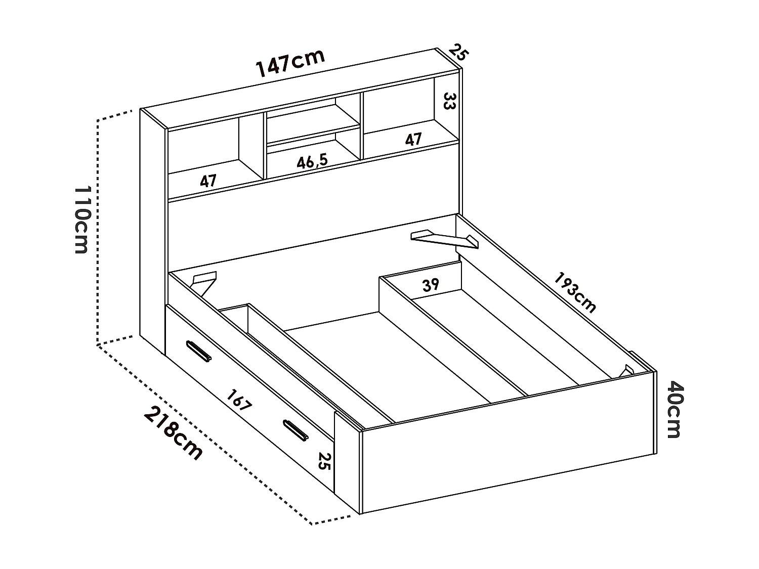 Cama 140x190 cm com espaços de arrumação cor natural e branco + sommier + colchão - VARDIEL