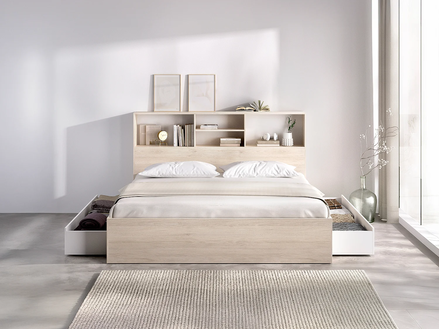 Lit 140 x 190 cm avec rangements - Coloris : Naturel et blanc + Sommier + Matelas - VARDIEL