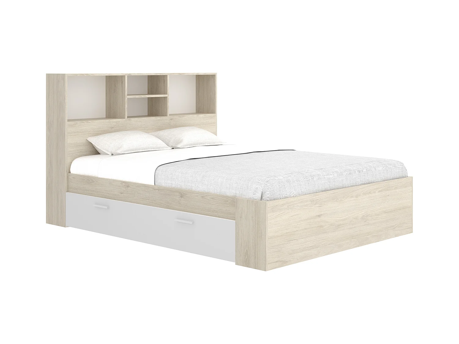 Lit 140 x 190 cm avec rangements - Coloris : Naturel et blanc + Sommier + Matelas - VARDIEL