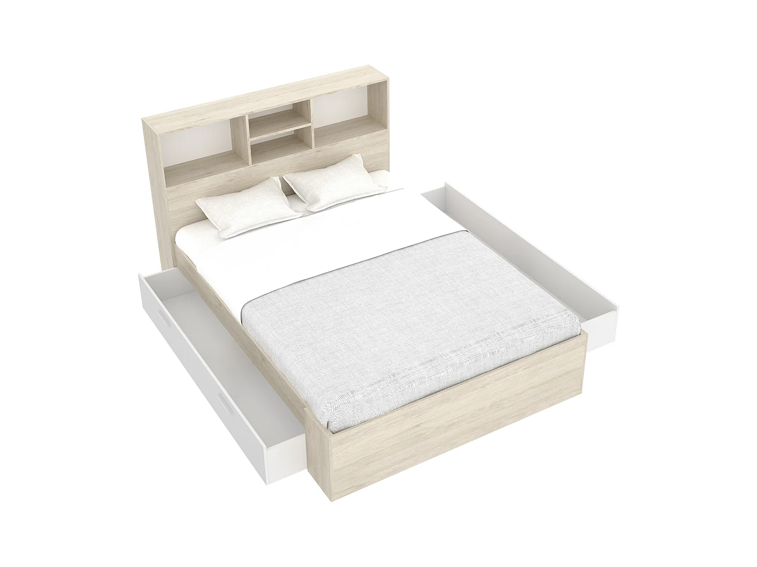 Lit 140 x 190 cm avec rangements - Coloris : Naturel et blanc + Sommier + Matelas - VARDIEL