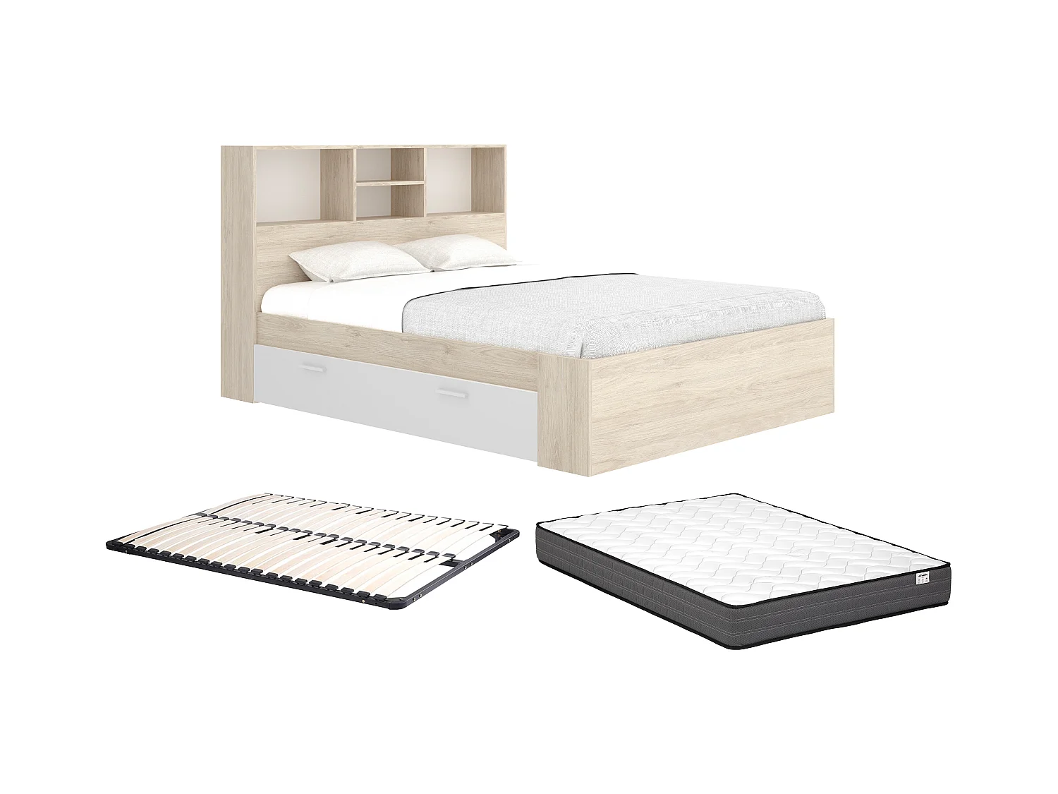 Lit 140 x 190 cm avec rangements - Coloris : Naturel et blanc + Sommier + Matelas - VARDIEL