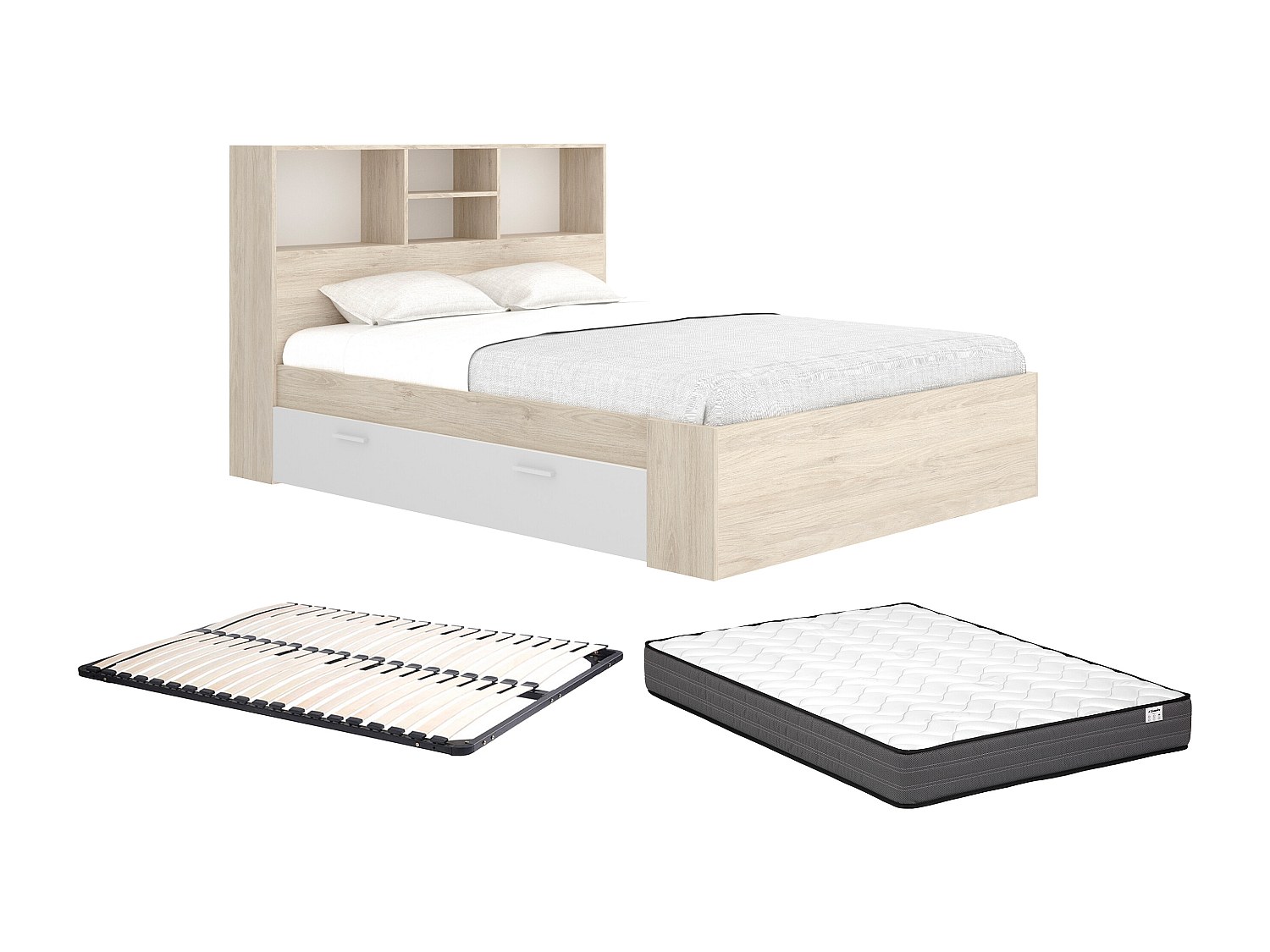 Bett mit Stauraum + Lattenrost + Matratze - 140 x 190 cm - Holzfarben & Wei günstig online kaufen