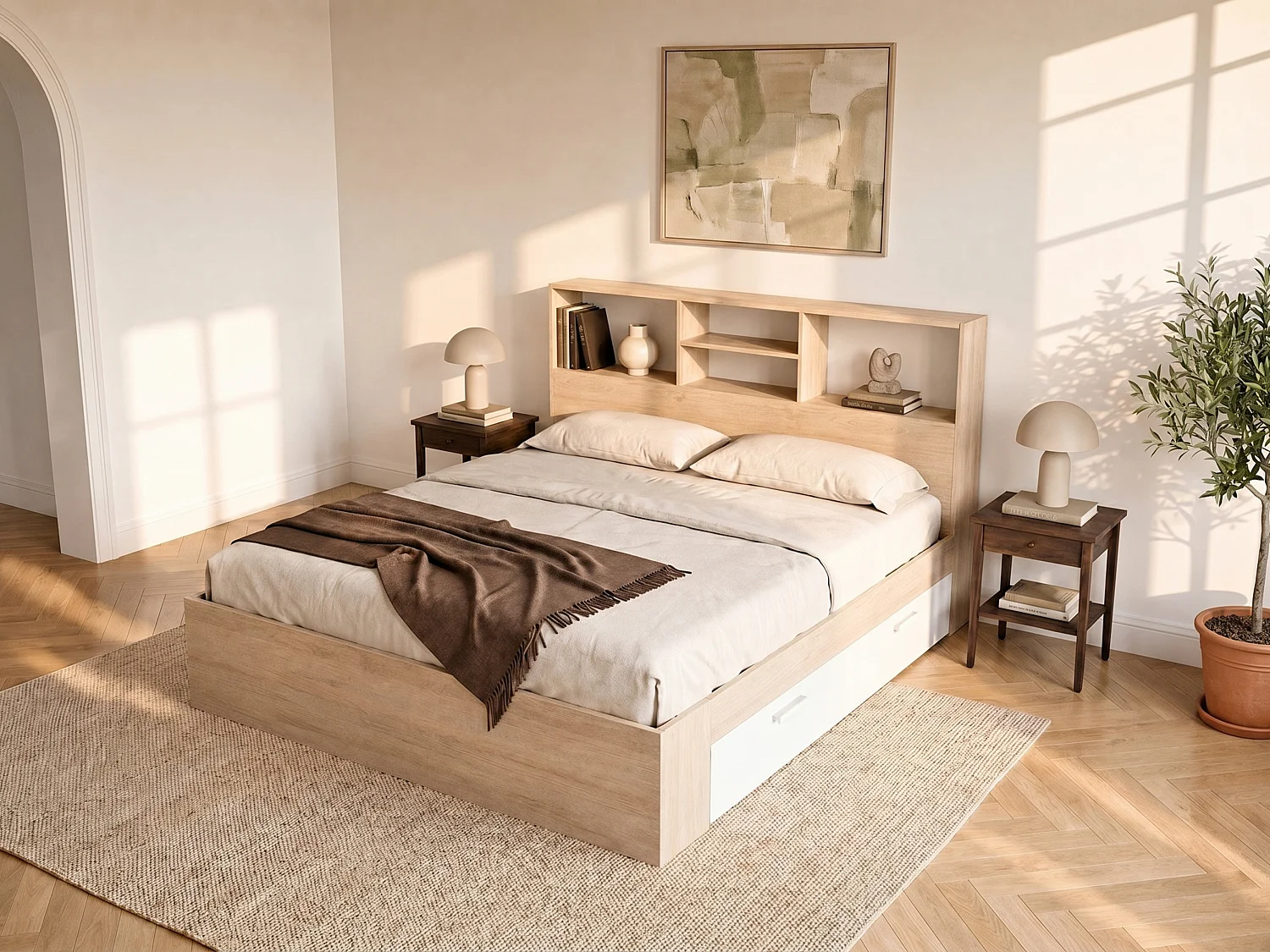 Lit 140 x 190 cm avec rangements - Coloris : Naturel et blanc + Sommier + Matelas - VARDIEL