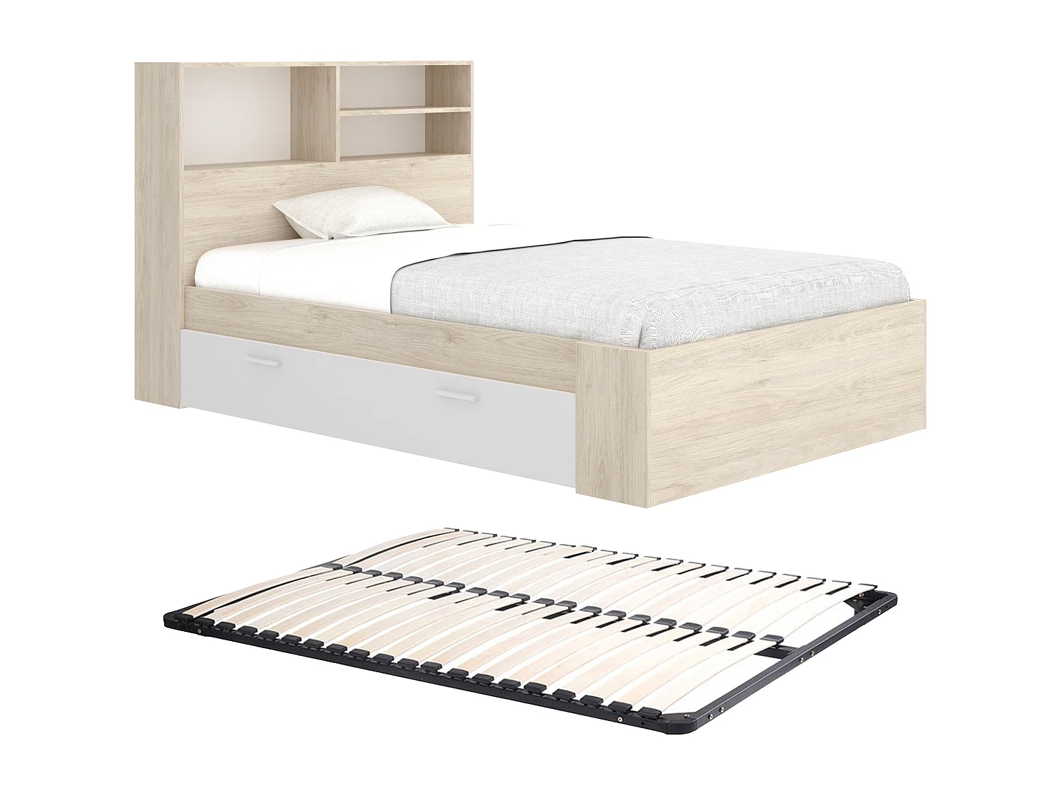 Bed met opbergruimte - 120 x 190 cm - Kleur: houtlook en wit + bedbodem - VARDIEL