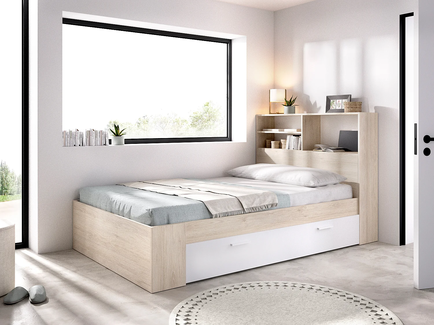 Lit 120 x 190 cm avec rangements - Coloris : Naturel et blanc + Sommier - VARDIEL
