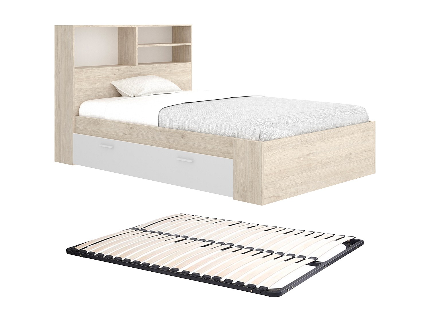 Bett mit Stauraum + Lattenrost - 120 x 190 cm - Holzfarben & Weiß - VARDIEL günstig online kaufen